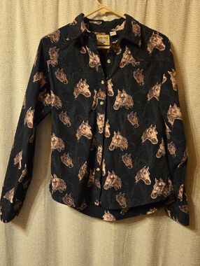 Women's Black Button-Down Shirt with Tan Horse Print
